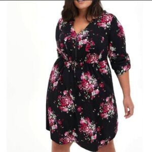 Torrid Mini Floral Challis Dress Womens 0 L Drawstring Shirtdress Floral hi-low